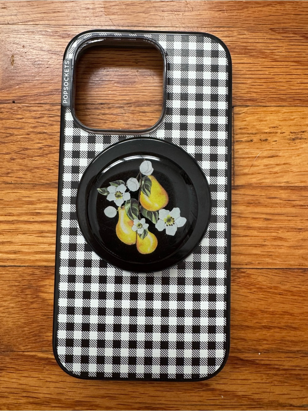 PopSocket Black & White Gingham Case with Yellow Pear PopGrip-iPhone 15 Pro